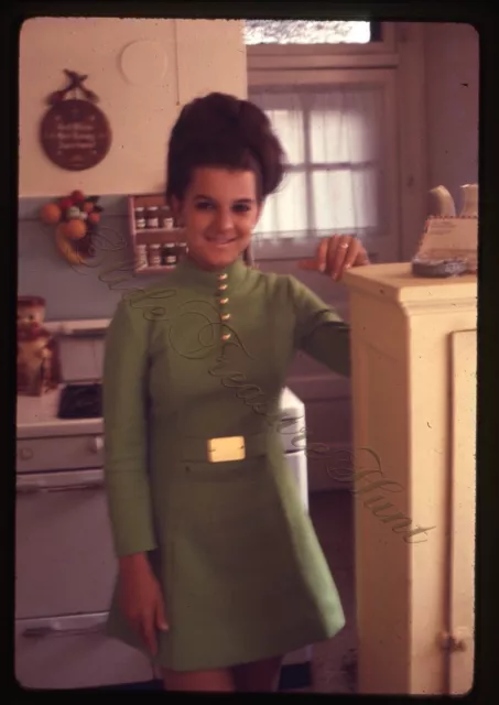 Pretty Young Woman Fashion Glamour 1960s 35mm Slide Ektachrome 1968 Kitchen