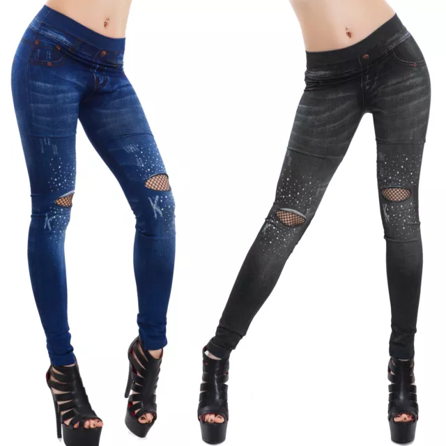 Leggings pantaloni donna aderenti effetto jeans skinny tagli rete borchie F382