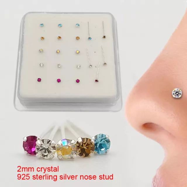 Sterling Silver Nose Stud Multicolored Crystal Clear Nose Pin Bar 2MM 1 PC