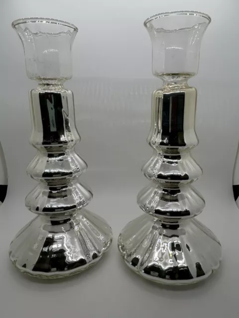 Set Of 2 Mercury Glass Candle Holders 10”