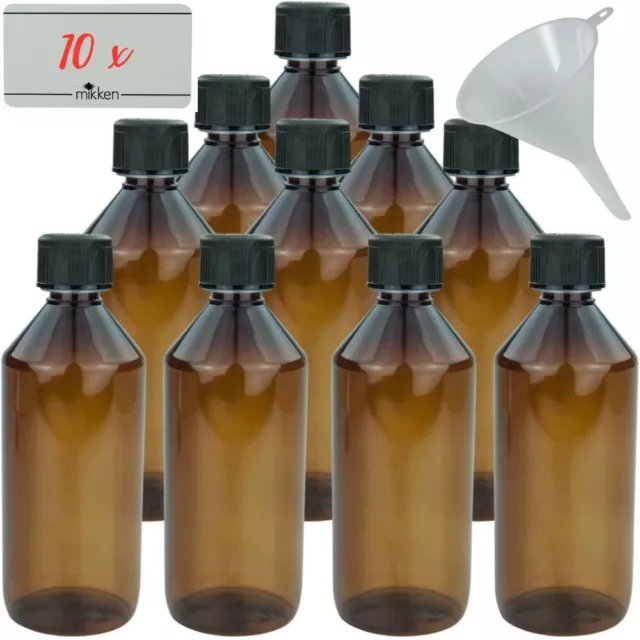 10er Set braune Laborflaschen 500 ml Kunststoff Chemikalienflasche + Trichter