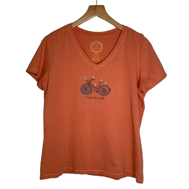 Life Is Good Enjoy The Ride Bicycle V-Neck T-Shirt Bike Birds Women’s Size Small