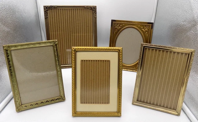 Lot Of 5 Vintage MCM Metal Gold Tone Picture Frames Embossed Ornate Easel Back