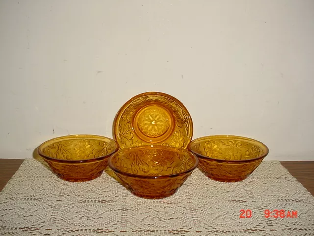 4-Pc Tiara "Sandwich Glass" Amber 4 3/4" Fruit-Berry Serving Bowls/Clearance!