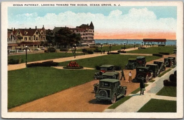 Vintage 1920s OCEAN GROVE, New Jersey Postcard "OCEAN PATHWAY" Hotel / Park View