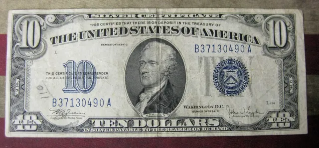1934C $10 Blue Seal Silver Certificate Note - VF
