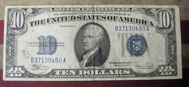 1934C $10 Blue Seal Silver Certificate Note - VF