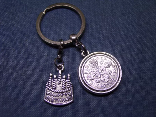 Double Sided 1964 Lucky Sixpence Coin Keyring & Cake Charm 60th Birthday Gift N3