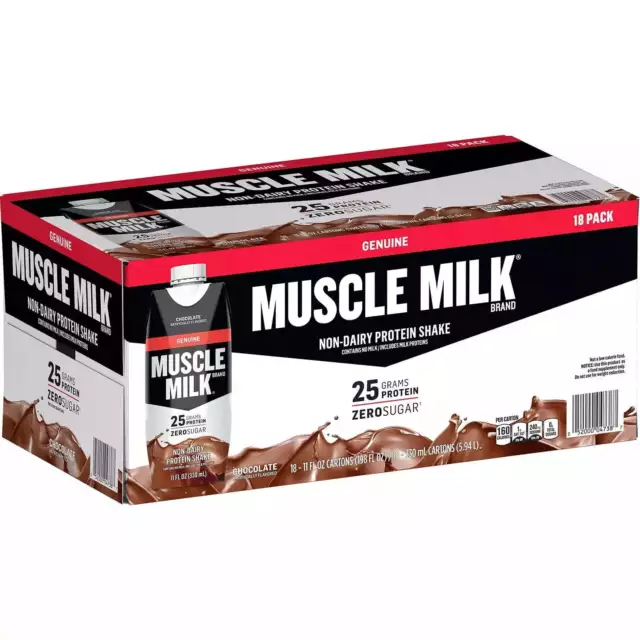 Muscle Milk Genuine Non-diary Protein Shake Chocolate ZERO, 11 Fl Oz, 18 Pack