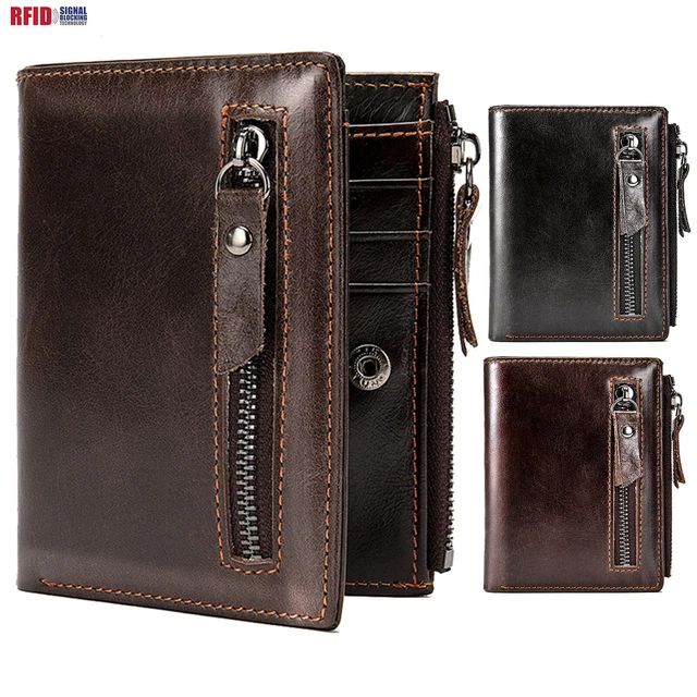 Men Women Wallet Genuine Leather RFID Bifold Zip Purse with Double Coin Pocket