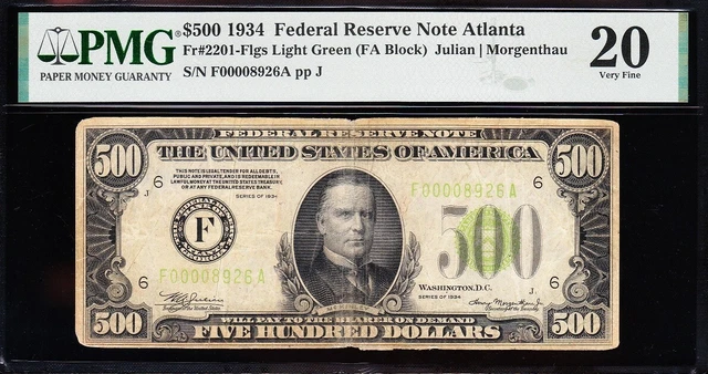 VERY NICE Bold VF 1934 "LIME GREEN SEAL" 4 digit $500 Atlanta FRN bill! PMG 20! 2