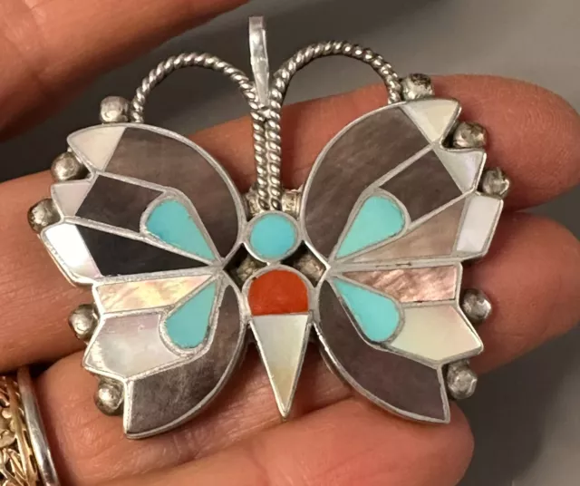 Vtg Zuni Ra Wallace Native American Sterling Butterfly Pendant Turquoise Abalone