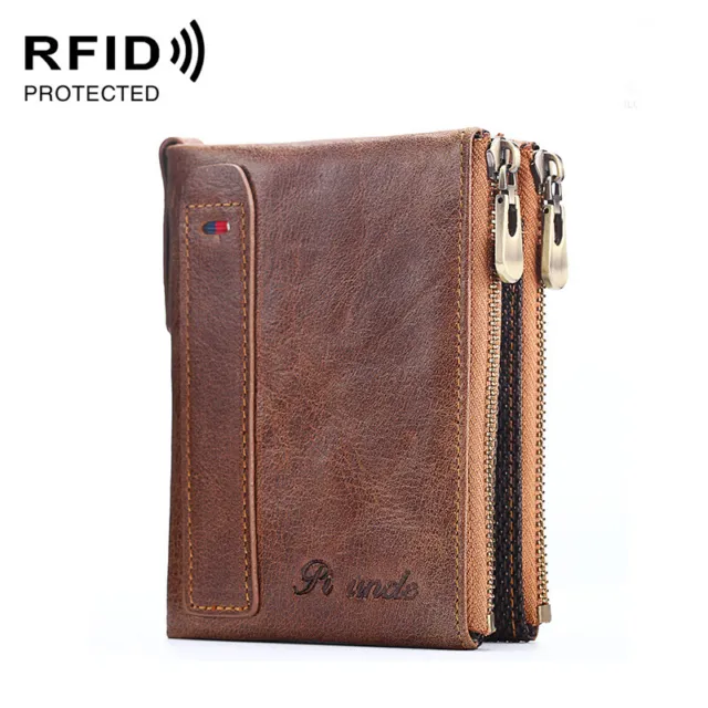 Men's 100% Genuine Leather Double Zipper Bifold Wallet RFID Blocking Card Holder