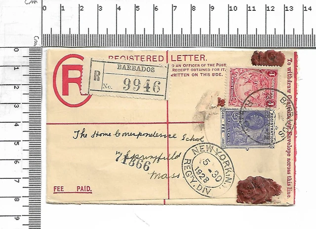 Beleg Barbados 1928 registered letter to New York USA registration fee  ; 61408M