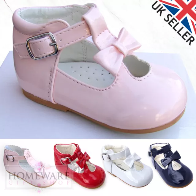 Baby Girl Tbar Shoes Spanish Style Patent Bow Size 1 To 6Uk Pink Red White Navy