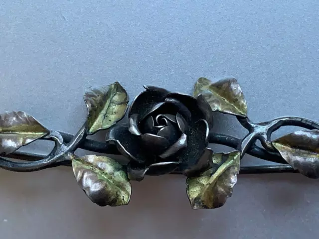 Gorgeous German Signed GES GESCH Silver Brooch - A rose on a Branch hand painted 3