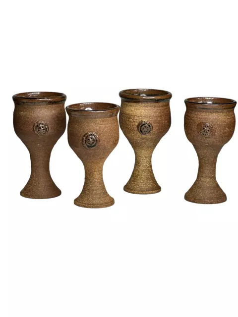 4 Vintage Ceramic Stoneware Chalice Goblets Earthware Brown Handmade EUC