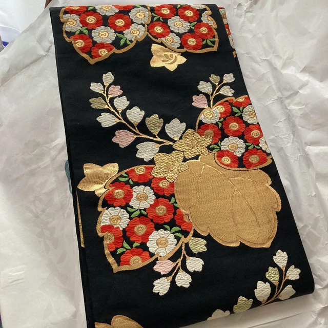 Fukuro OBI embroidery black for Japanese Kimono Belt Unused #68