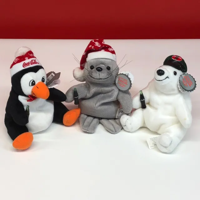 Vintage 1997 Coca-Cola Bean Bag Plush Set of 3 Christmas Polar Bear Penguin Seal