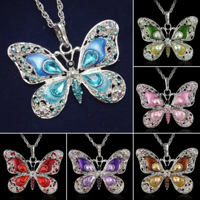 Fashion Women Rhinestone Butterfly Pendant Necklace Silver Chain Jewelry Gift