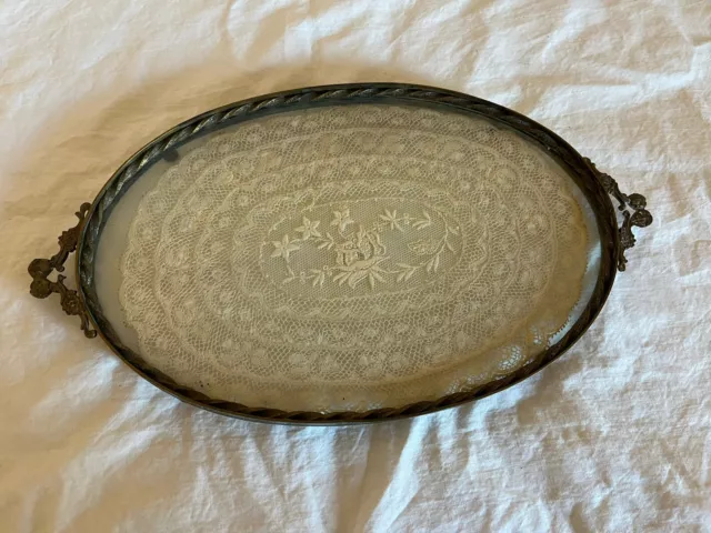 Antique Vanity Dresser Tray With Lace Under Glass Round
