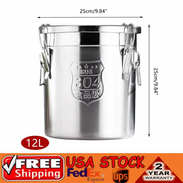 12L Stainless Steel Cereal Rice Storage Container Bucket Airtight Canister + Lid