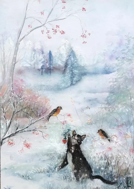 Katze im Schnee,Winter Landschaft ,Collage Mischtechnik Aquarell Grafik Original