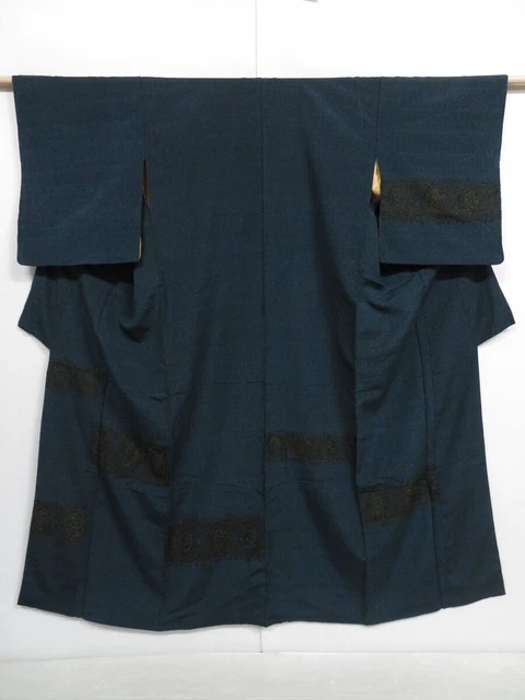 0820i09z990 Vintage Japanese Kimono Silk TSUKESAGE Dark navy-green