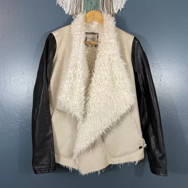 Billabong Cream and Black Faux Leather Sleeve Faux Suede Sherpa Jacket Size M