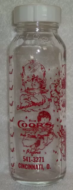 VINTAGE COORS BROTHERS DAIRY CINCINNATI OH GLASS BABY BOTTLE & Lid EX. Condition