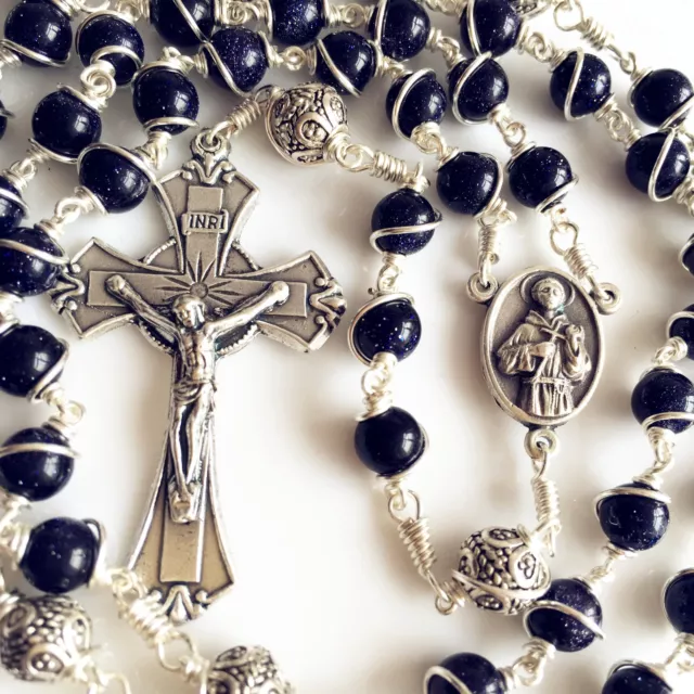 Bali 925 Sterling Silver Bead bule JADE Catholic gift Rosary Necklace Crucifix