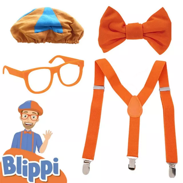 4pcs Be Like Blippi Dress up! Role play Costume Hat Glasses Suspenders Bow Tie