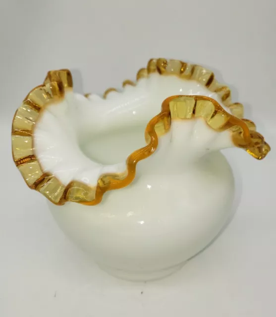 Fenton Round Gold Crest Milk Glass Crimped Rose Bowl