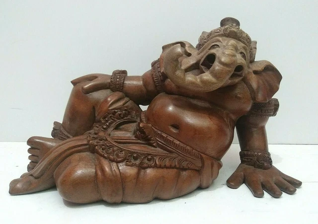 Lord Ganesha Reclining Orig Vintage Hand Carved Wood Table/Shelf Statue 12" W
