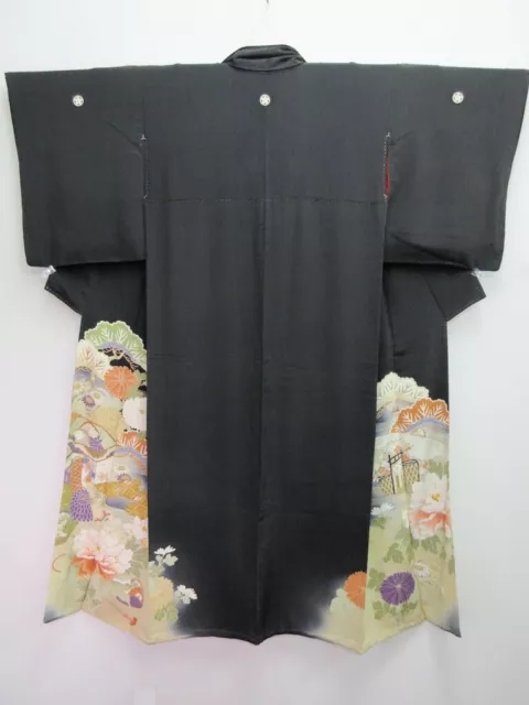 8160B1 Silk Vintage Japanese Kimono Tomesode Chrysanthemum Peony Pine Tree