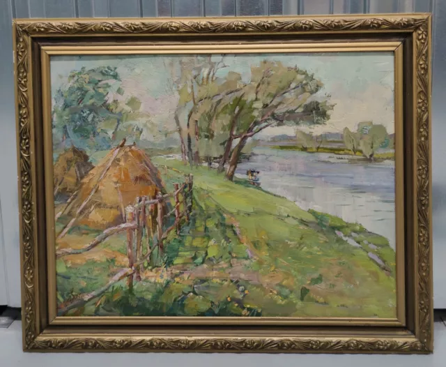 Räumungsverkauf Gemälde Uferlandschaft Fluss Datiert 87 Kyrillisch Bezeichnet 2