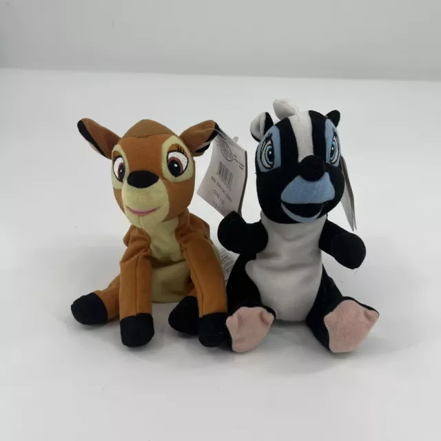 Vintage Disney Store Mini Beanie Baby Plush Bambi Flower Skunk & Bambi the Deer