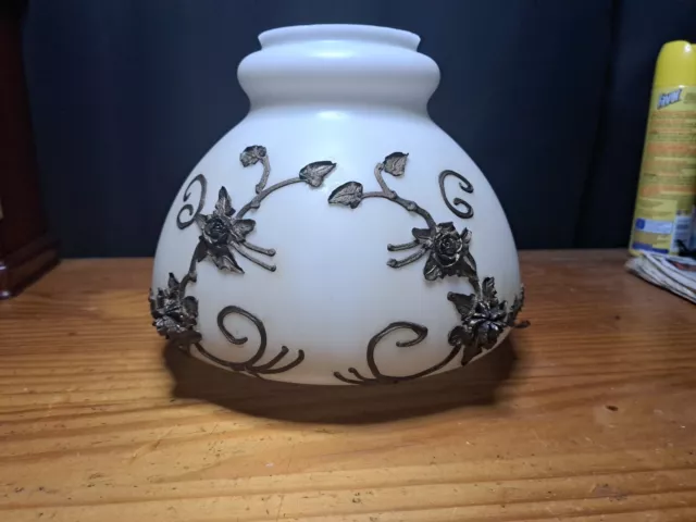 Antique Hurricane Lamp Shade Flared Top Milk Glass White, Raised brass flowers
