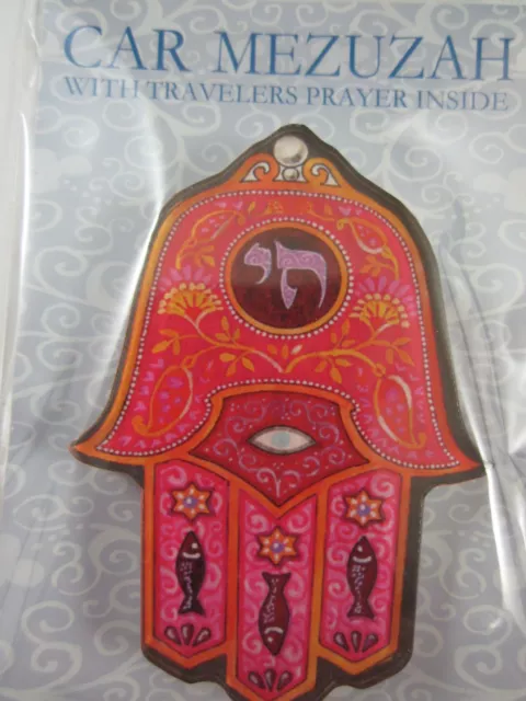 Car Mezuzah Acrylic HAMSA RED CHAI with Travelers Prayer