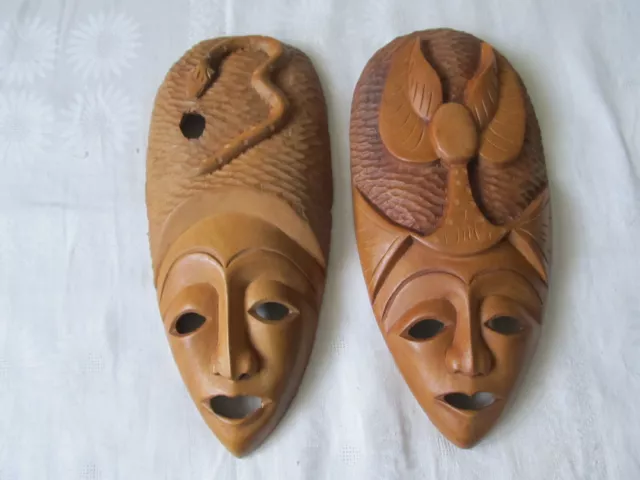 Vintage Art Lot Of 2 New Hand Carved Wood Wall Face Masks. Bought In 1982
