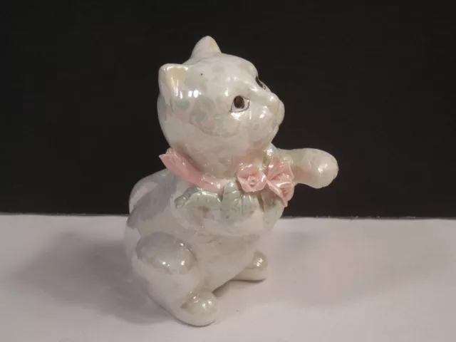 White Opal Iridescent Porcelain Cat With Pink Flowers Figurine ~ 4" Tall