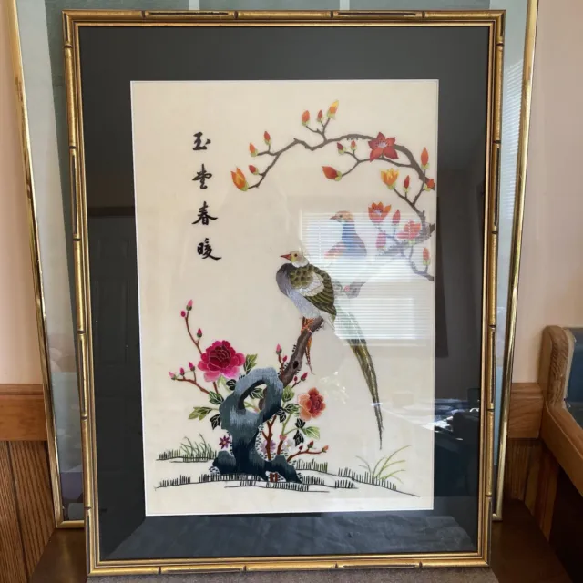 Vintage Japanese Embroidery Bird And Flowers On Silk Bamboo Style Gold Frame