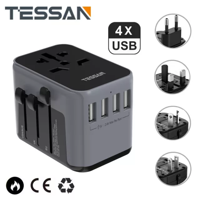 Universal Reiseadapter Weltweit 4 USB Anschlüsse für UK US 224+ Ländern Schwarz