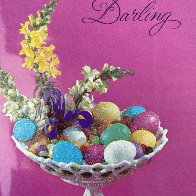 Vintage Mid Century Easter Greeting Card Glitter Eggs In White Dish Flowers
