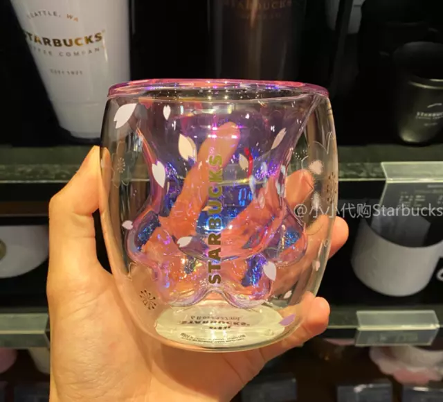 Starbucks Cat's Paw Sakura Double Wall Glass Mug Cup 6oz Cat Purple Gift NEW