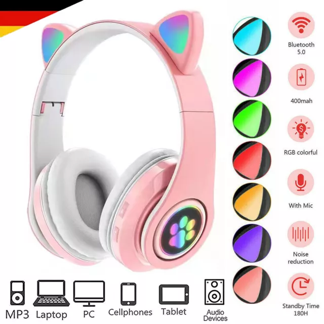 Kabellos Kopfhörer bluetooth 5.0 Katze Ohr LED-Licht für Kinder Faltbare Headset