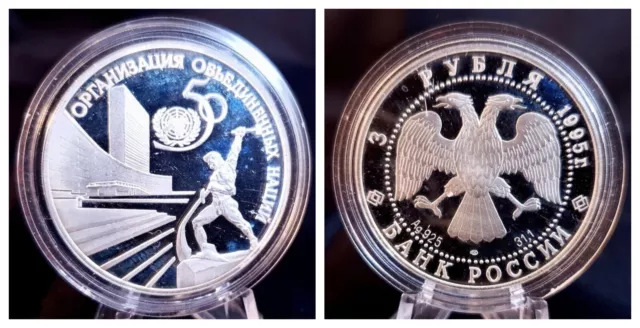 MJS-Coins: 3 Rubel 1995 "50 Jahre UNO" PP- Russland- Silber
