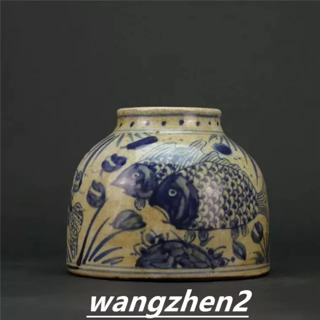 Old Chinese  blue and white porcelain fish pattern pot Porcelain Jar 10.6cm