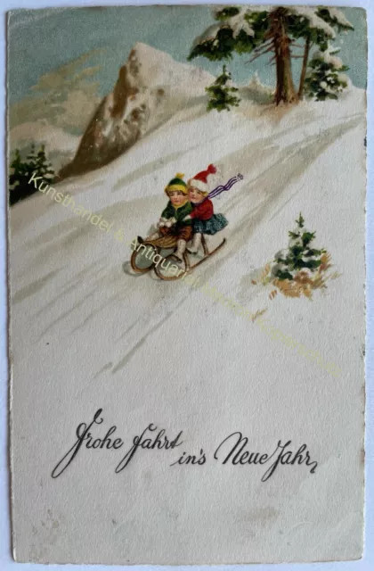 AK alte Postkarte Motiv Neujahr Sylvester um 1920 Litho Schlittenfahrt Kinder