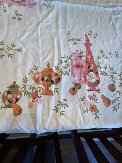 Rare Vintage MCM Linen Tablecloth 64” x 48" Pink Candy Jars Basket Fruit 3